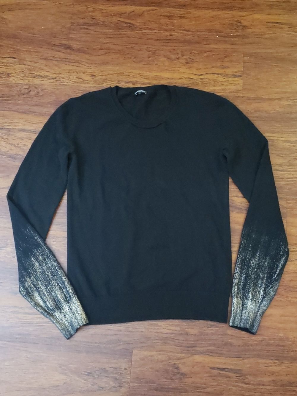Ann Demeulemeester Black Mens Wool Crewneck Sweater with Gold Accent Sleeves S